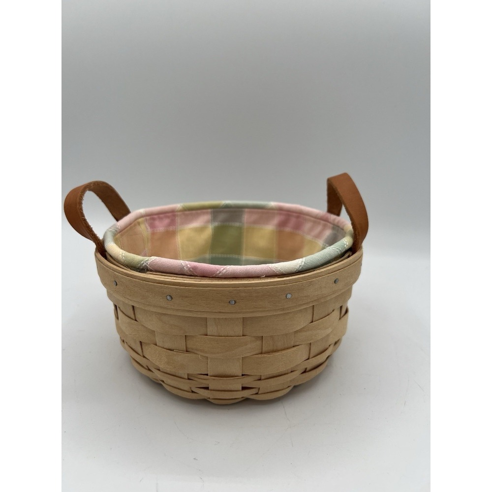 🧺 Longaberger 1998 Button Basket w/ Pastel Plaid Liner – EUC – Signed by Family